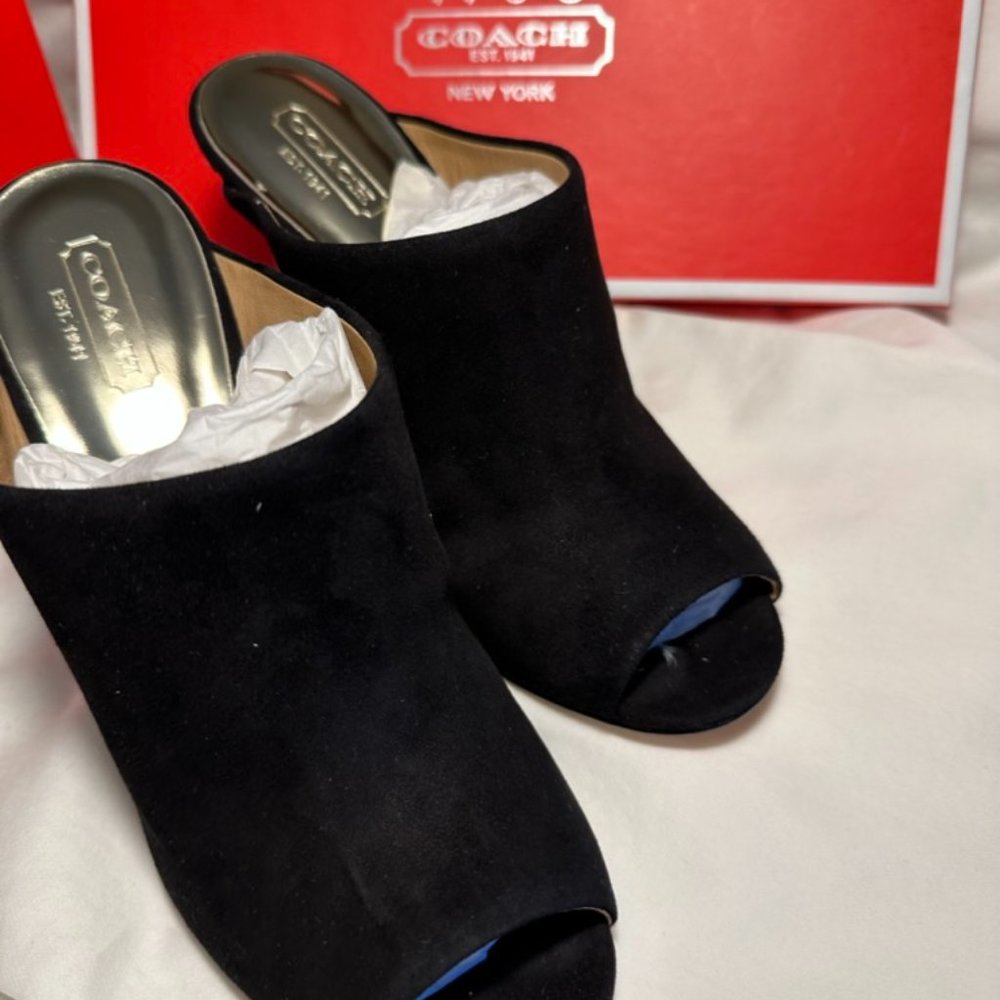 New $248 Coach Hollie Kid Suede Black Wedge Heel Peep Toe Size 7M NIB